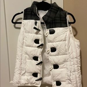 Flannel/white puffer vest